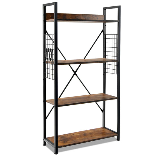 4 -Tier Industrial Open Storage Bookshelf-Rustic Brown