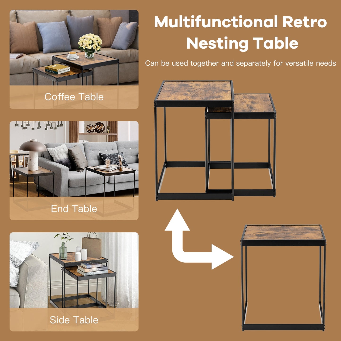 Set of 2 Modern Nesting End Tables with Metal Legs for Living Room-Rustic Brown