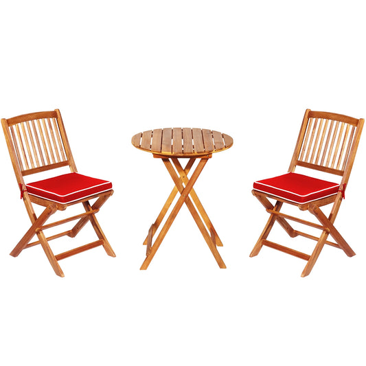 3 Pieces Patio Folding Wooden Bistro Set Cushioned Chair-Red