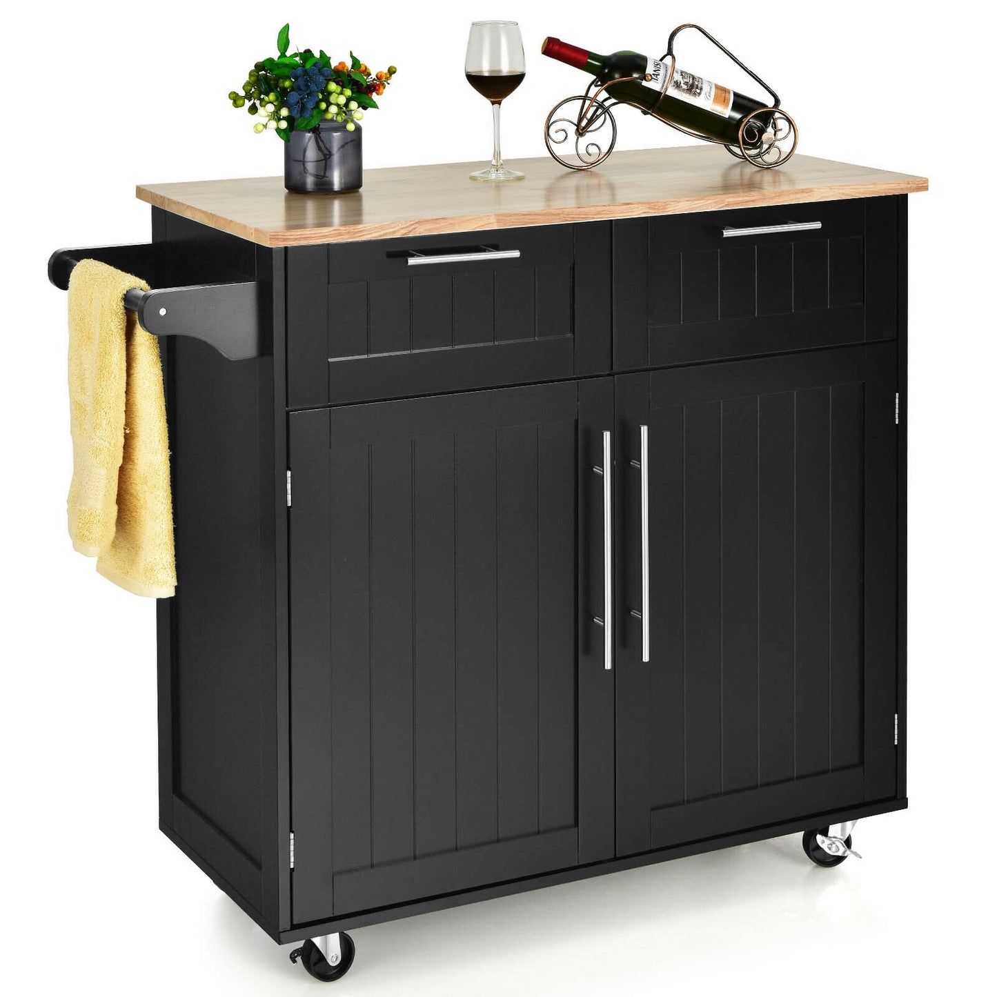 Heavy Duty Rolling Kitchen Cart with Tower Holder and Drawer-Black