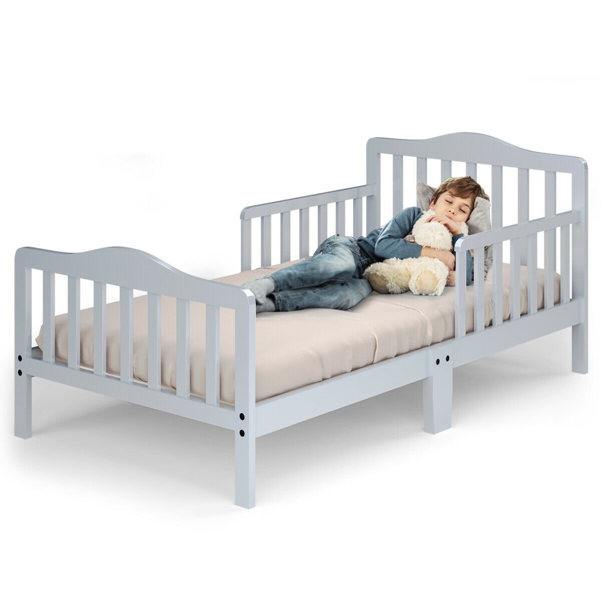 Classic Design Kids Wood Toddler Bed Frame with Two Side Safety Guardrails-Black