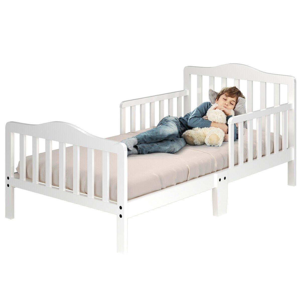 Classic Design Kids Wood Toddler Bed Frame with Two Side Safety Guardrails-Black