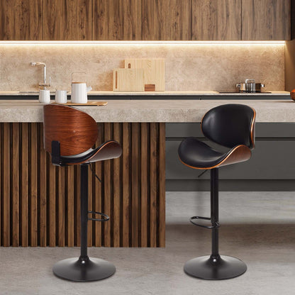 Set of 2 adjustable swivel PU leather bar stools with curved footrests, featuring modern design and comfortable seating.