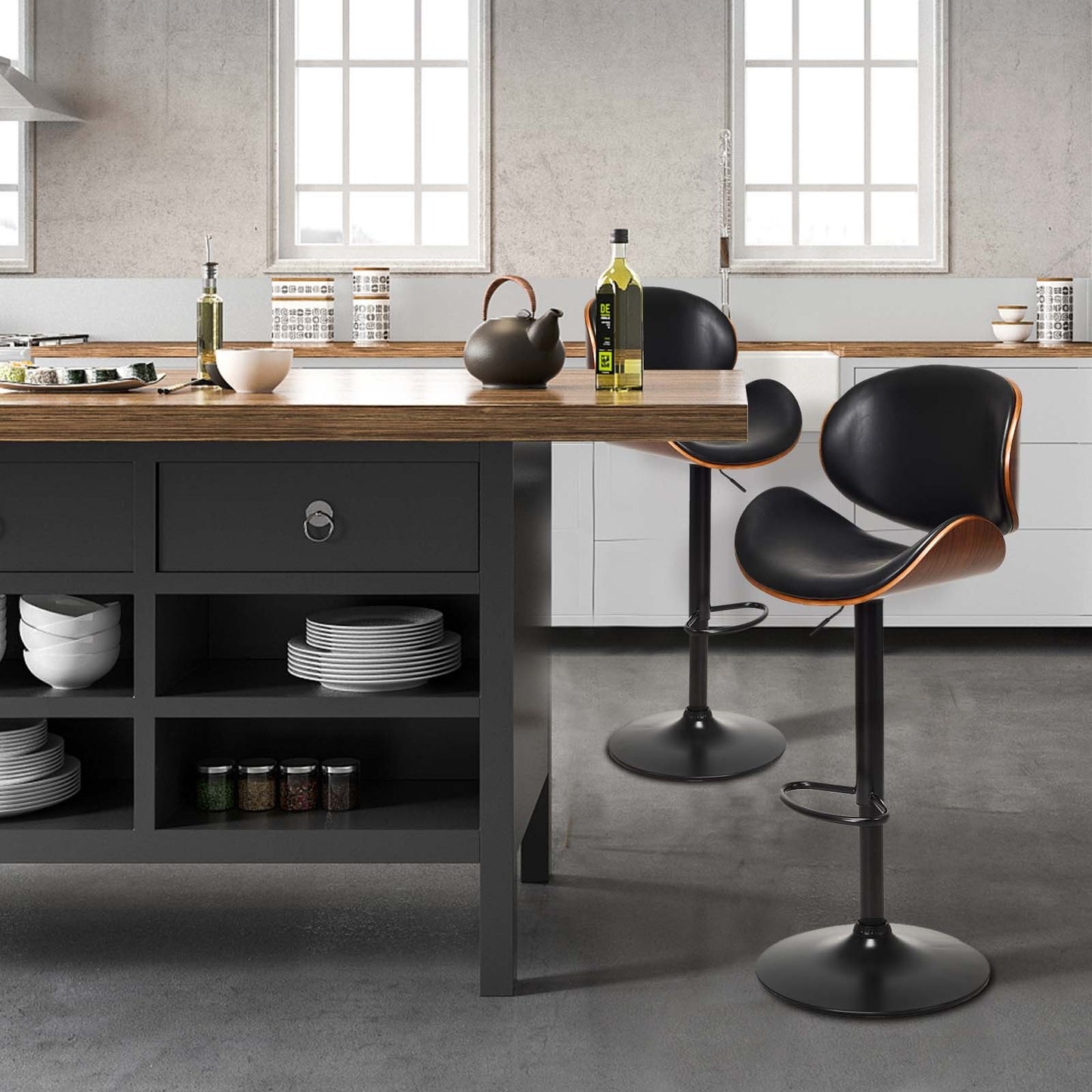 Set of 2 adjustable swivel PU leather bar stools with curved footrests, modern kitchen and dining furniture by Wilsons Home Store