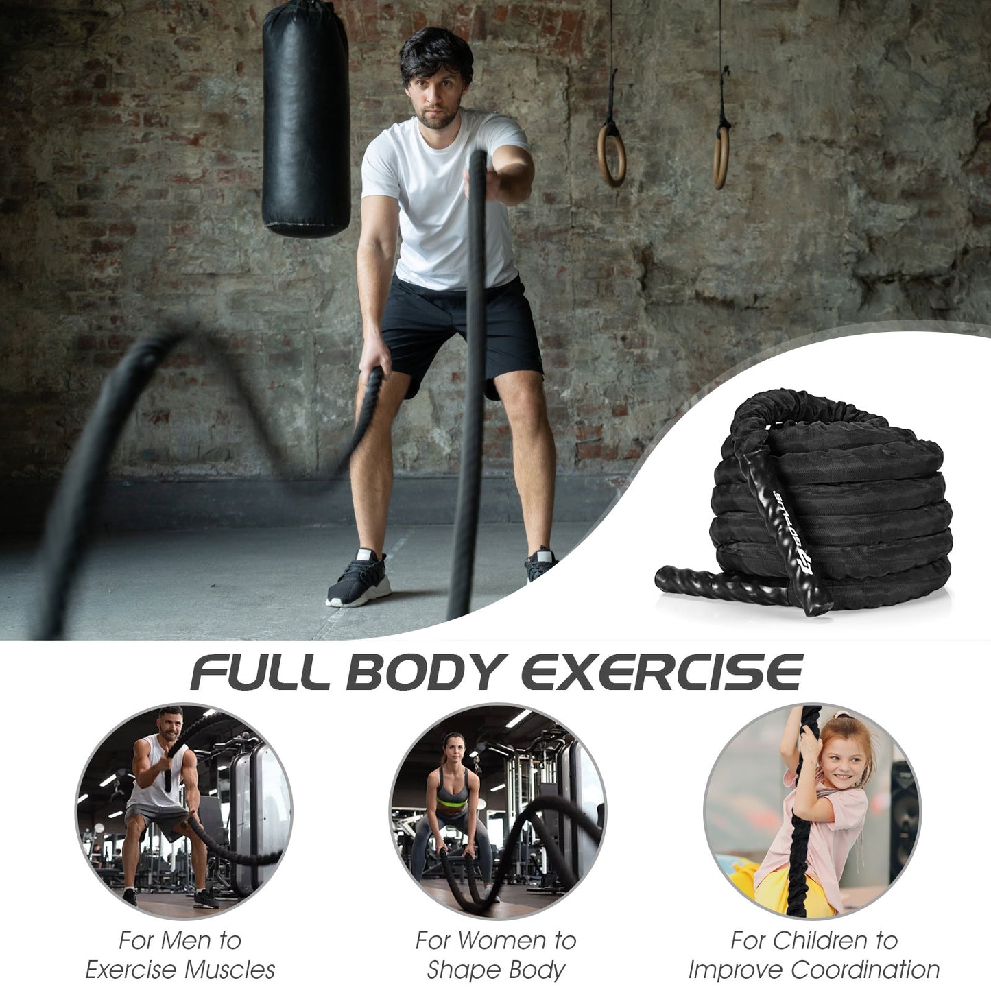 30Feet/40Feet/50Feet 1.5 Inch Diameter Exercise Rope with Anchor Strap Kit-M