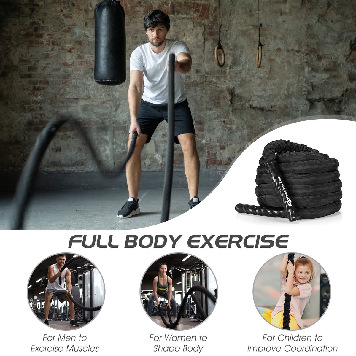 30Feet/40Feet/50Feet 1.5 Inch Diameter Exercise Rope with Anchor Strap Kit-L