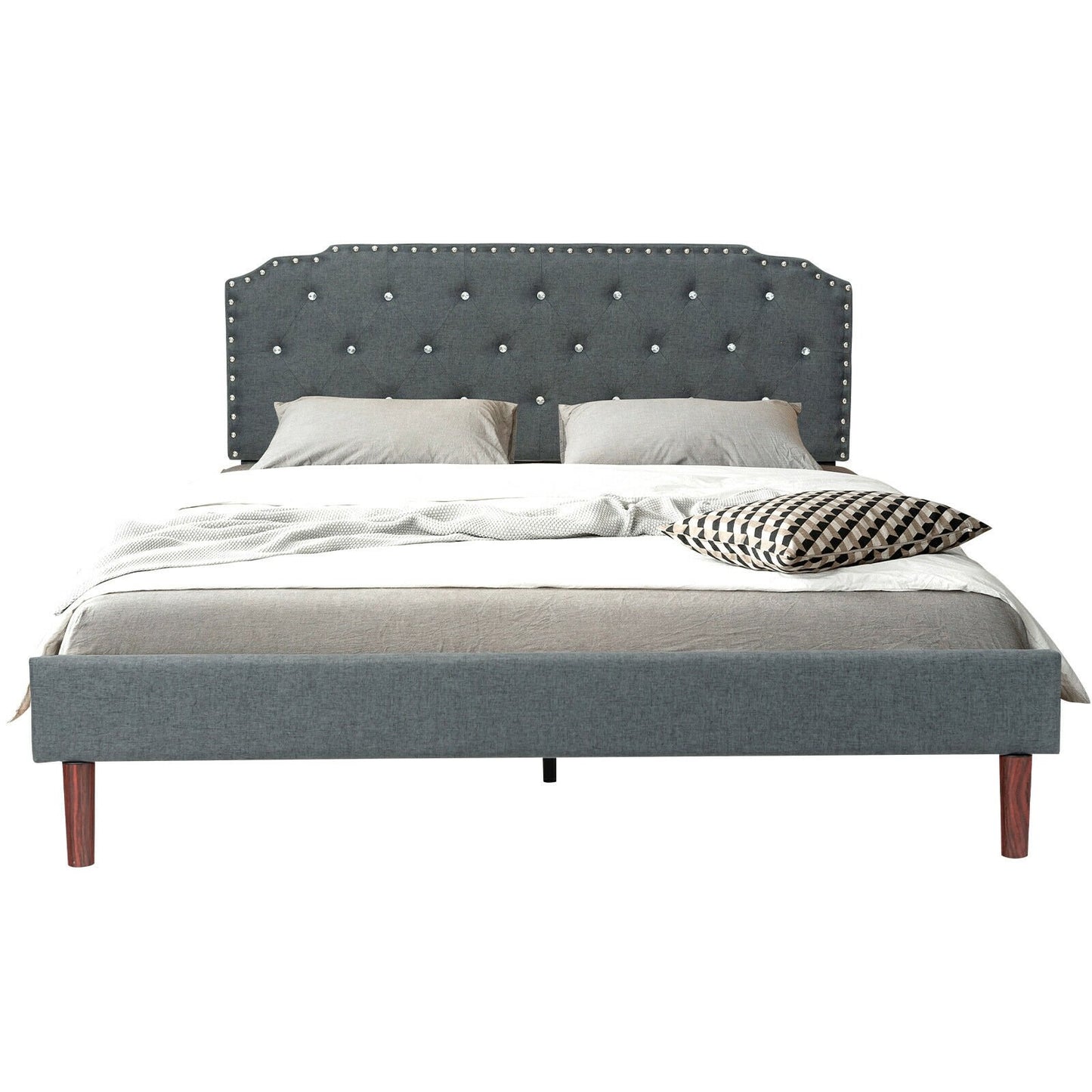 Upholstered Bed Frame with Adjustable Diamond Button Headboard-Full Size