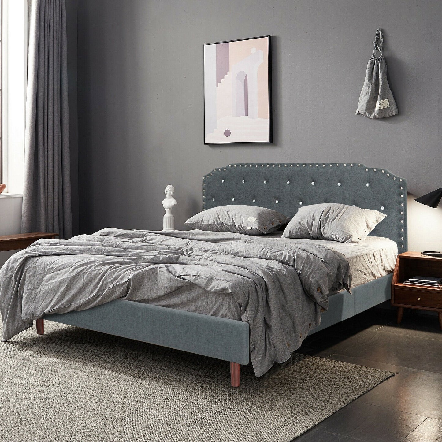 Upholstered Bed Frame with Adjustable Diamond Button Headboard-Full Size