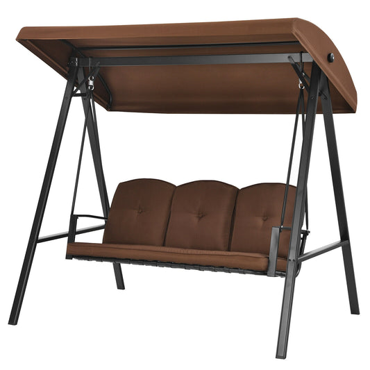 Outdoor 3-Seat Porch Swing with Adjust Canopy and Cushions-Coffee