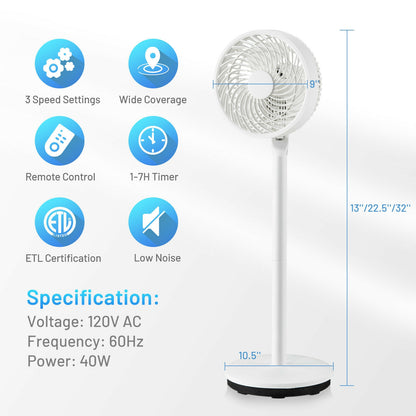 9 Inch Portable Oscillating Pedestal Floor Fan with Adjustable Heights and Speeds-White