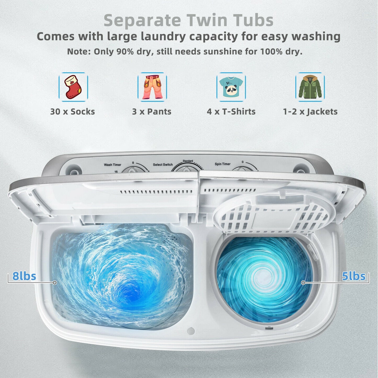8 lbs Portable Mini Twin Tub Spinner Semi-Automatic Washing Machine-Gray