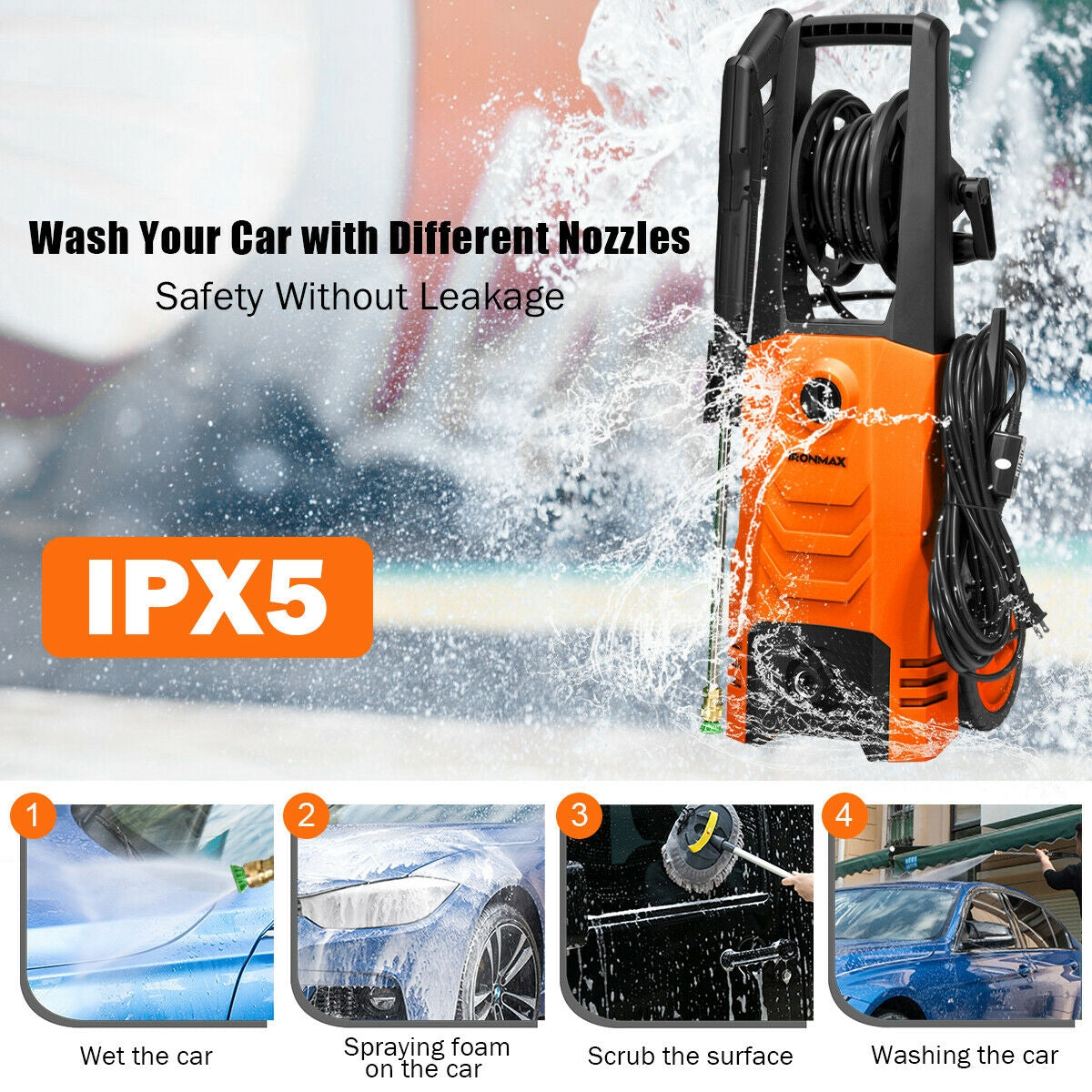 3500PSI Electric High Power Pressure Washer for Car Fence Patio Garden Cleaning-Orange