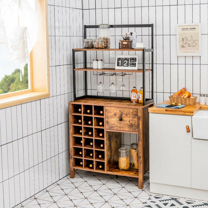 Kitchen Bakers Rack Freestanding Wine Rack Table with Glass Holder and Drawer-Rustic Brown