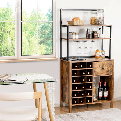 Kitchen Bakers Rack Freestanding Wine Rack Table with Glass Holder and Drawer-Rustic Brown