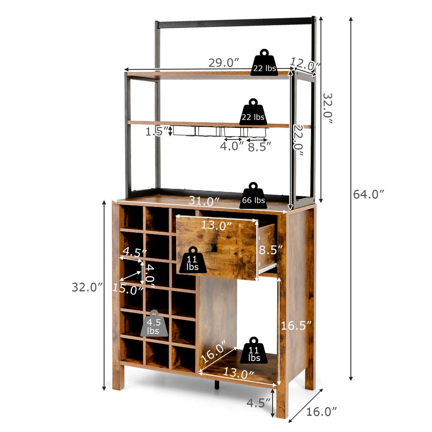 Kitchen Bakers Rack Freestanding Wine Rack Table with Glass Holder and Drawer-Rustic Brown