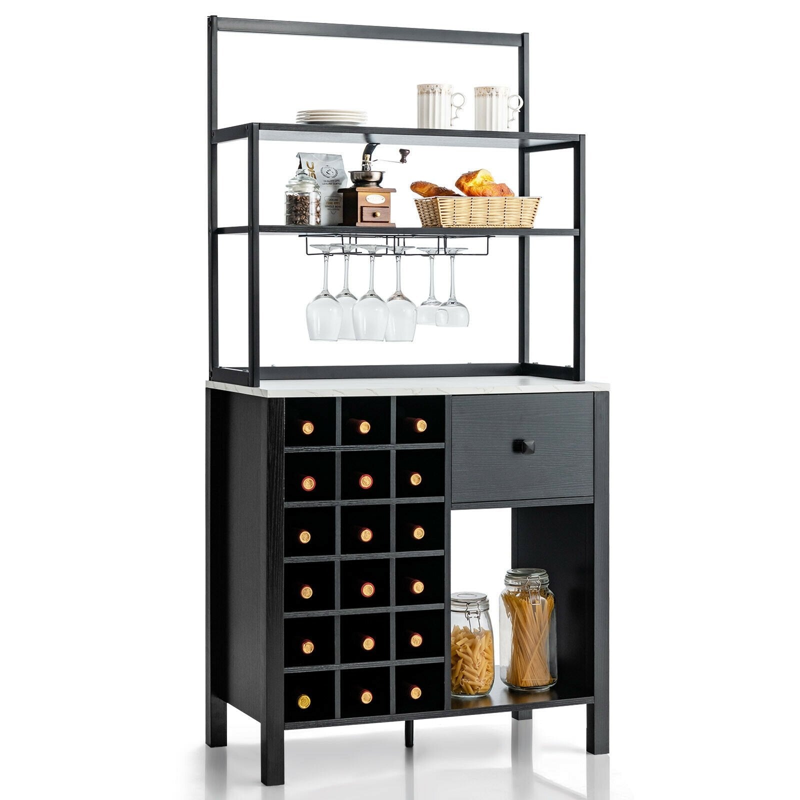 Kitchen Bakers Rack Freestanding Wine Rack Table with Glass Holder and ...