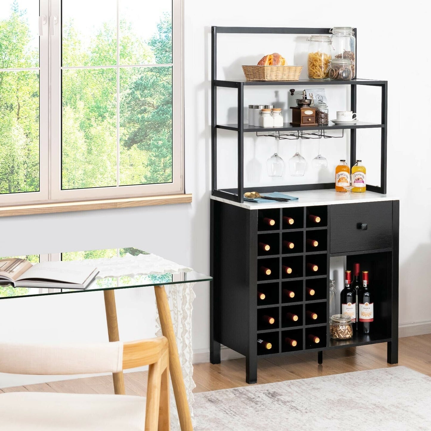 Kitchen Bakers Rack Freestanding Wine Rack Table with Glass Holder and Drawer-Black