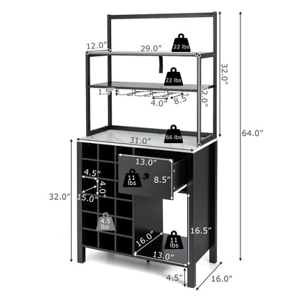 Kitchen Bakers Rack Freestanding Wine Rack Table with Glass Holder and Drawer-Black