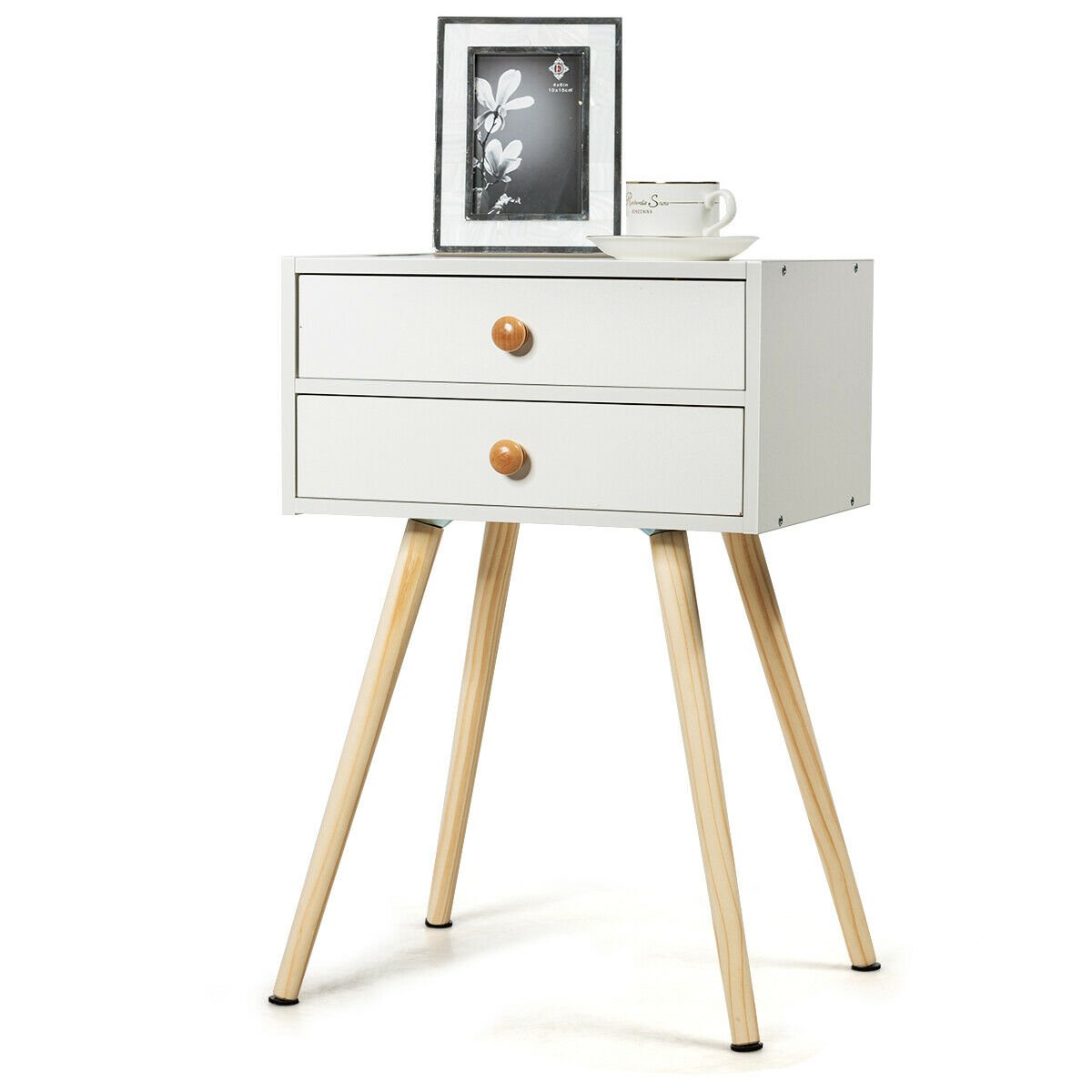 Mid Century Modern 2 Drawers Nightstand in Natural-Brown