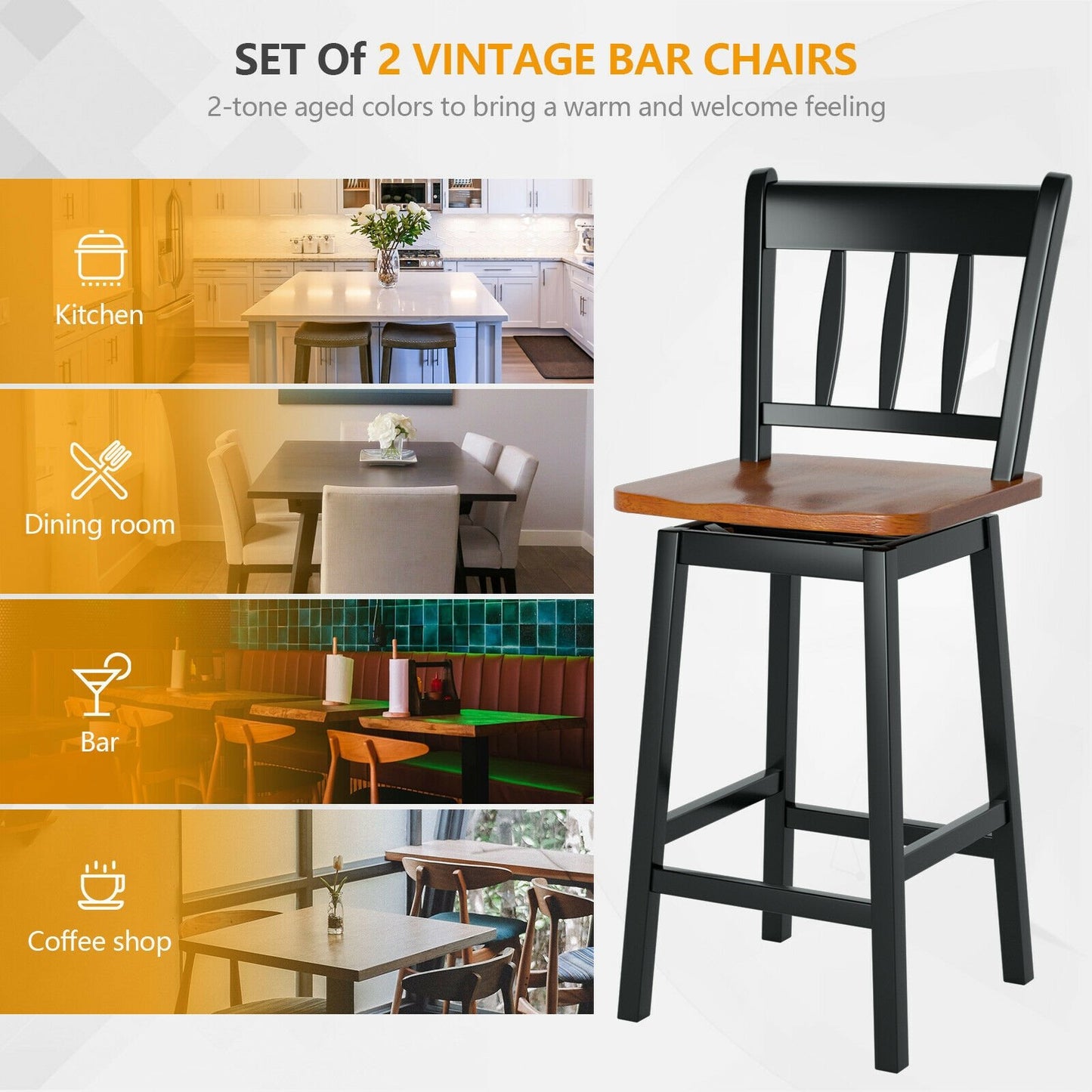 24.5 Inches Set of 2 Swivel Bar Stools with 360° Swiveling-Black