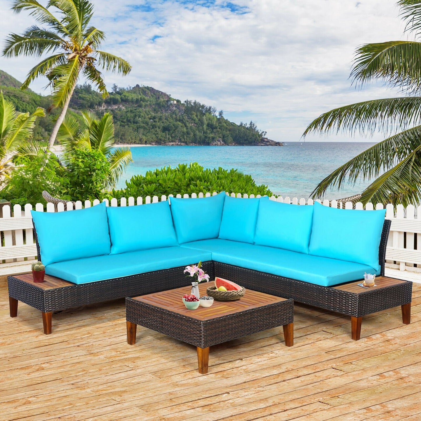 4 Pieces Patio Cushioned Rattan Furniture Set with Wooden Side Table-Navy