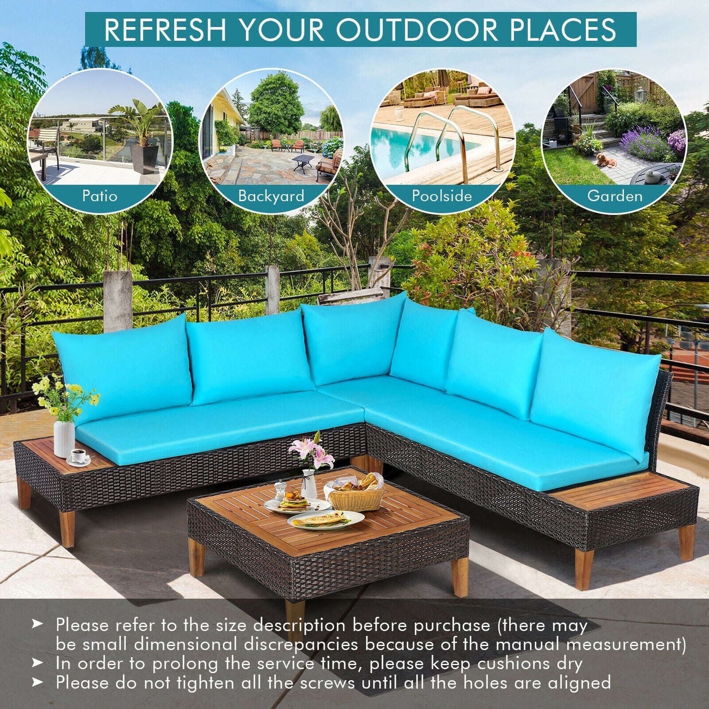 4 Pieces Patio Cushioned Rattan Furniture Set with Wooden Side Table-Navy