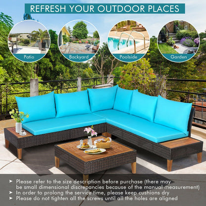 4 Pieces Patio Cushioned Rattan Furniture Set with Wooden Side Table-Navy