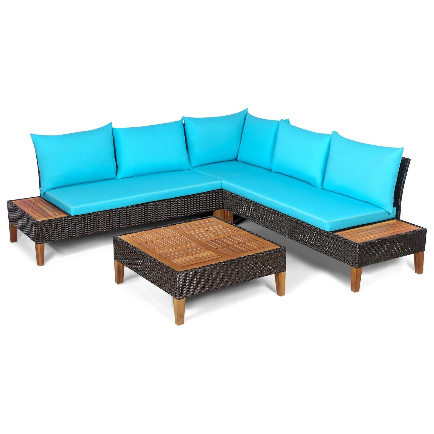 4 Pieces Patio Cushioned Rattan Furniture Set with Wooden Side Table-Navy