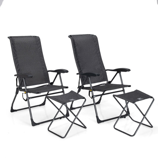 4 Pieces Patio Adjustable Back Folding Dining Chair Ottoman Set-Gray