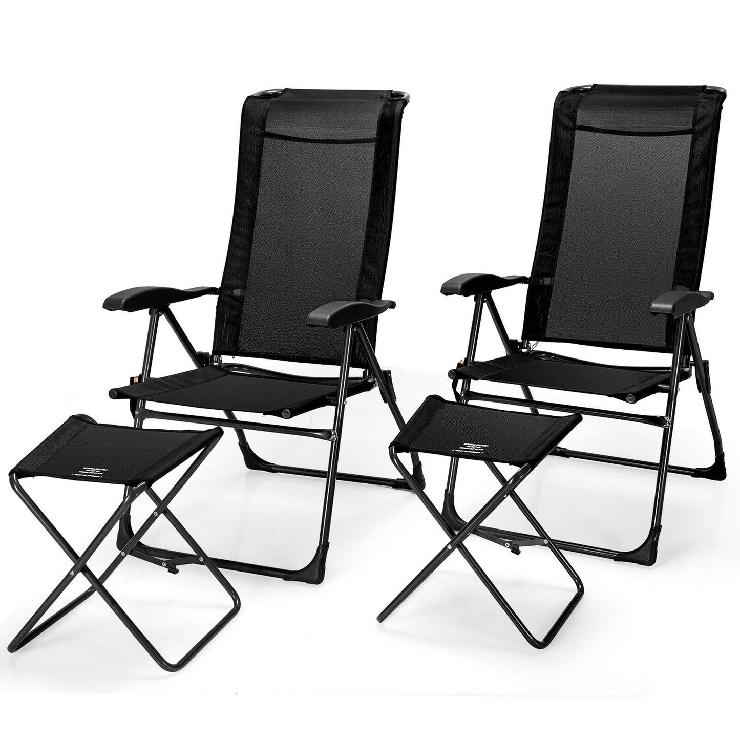 4 Pieces Patio Adjustable Back Folding Dining Chair Ottoman Set-Black