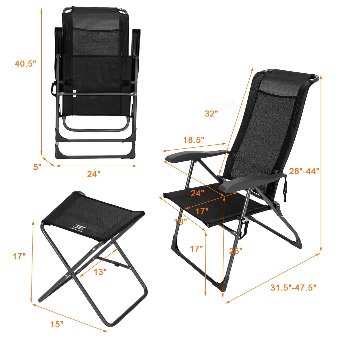 4 Pieces Patio Adjustable Back Folding Dining Chair Ottoman Set-Black
