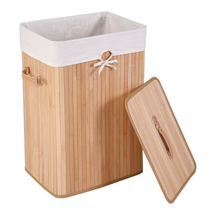 Rectangle Bamboo Hamper Laundry Basket Washing Cloth Bin Storage Bag with Lid-Black