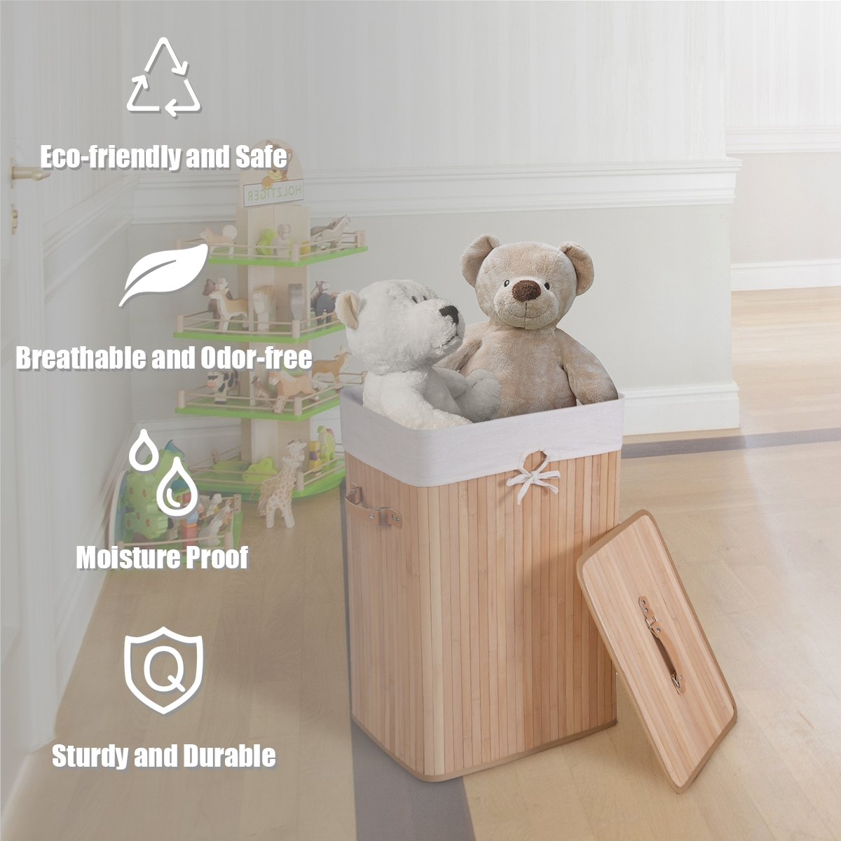 Rectangle Bamboo Hamper Laundry Basket Washing Cloth Bin Storage Bag with Lid-Black