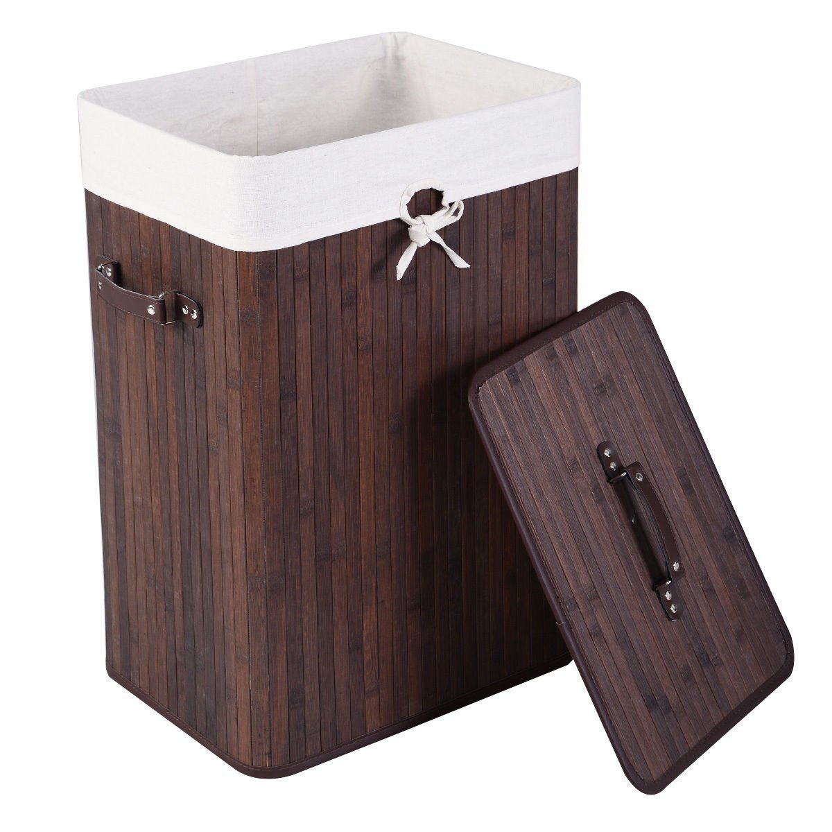 Rectangle Bamboo Hamper Laundry Basket Washing Cloth Bin Storage Bag with Lid-Black