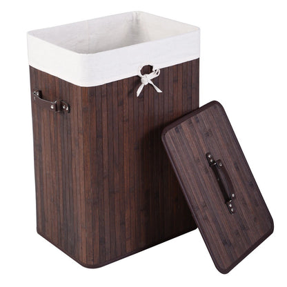 Rectangle Bamboo Hamper Laundry Basket Washing Cloth Bin Storage Bag with Lid-Black