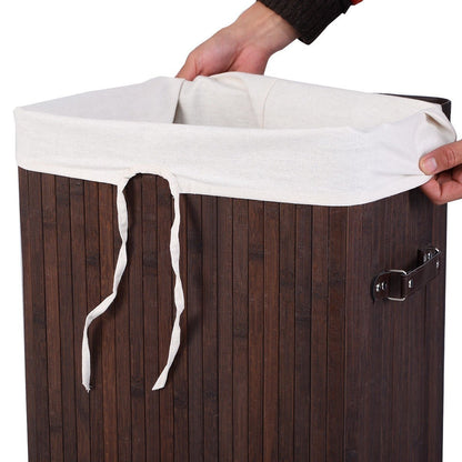 Rectangle Bamboo Hamper Laundry Basket Washing Cloth Bin Storage Bag with Lid-Black