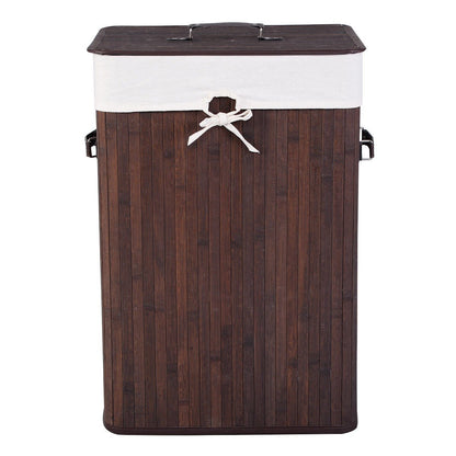 Rectangle Bamboo Hamper Laundry Basket Washing Cloth Bin Storage Bag with Lid-Black