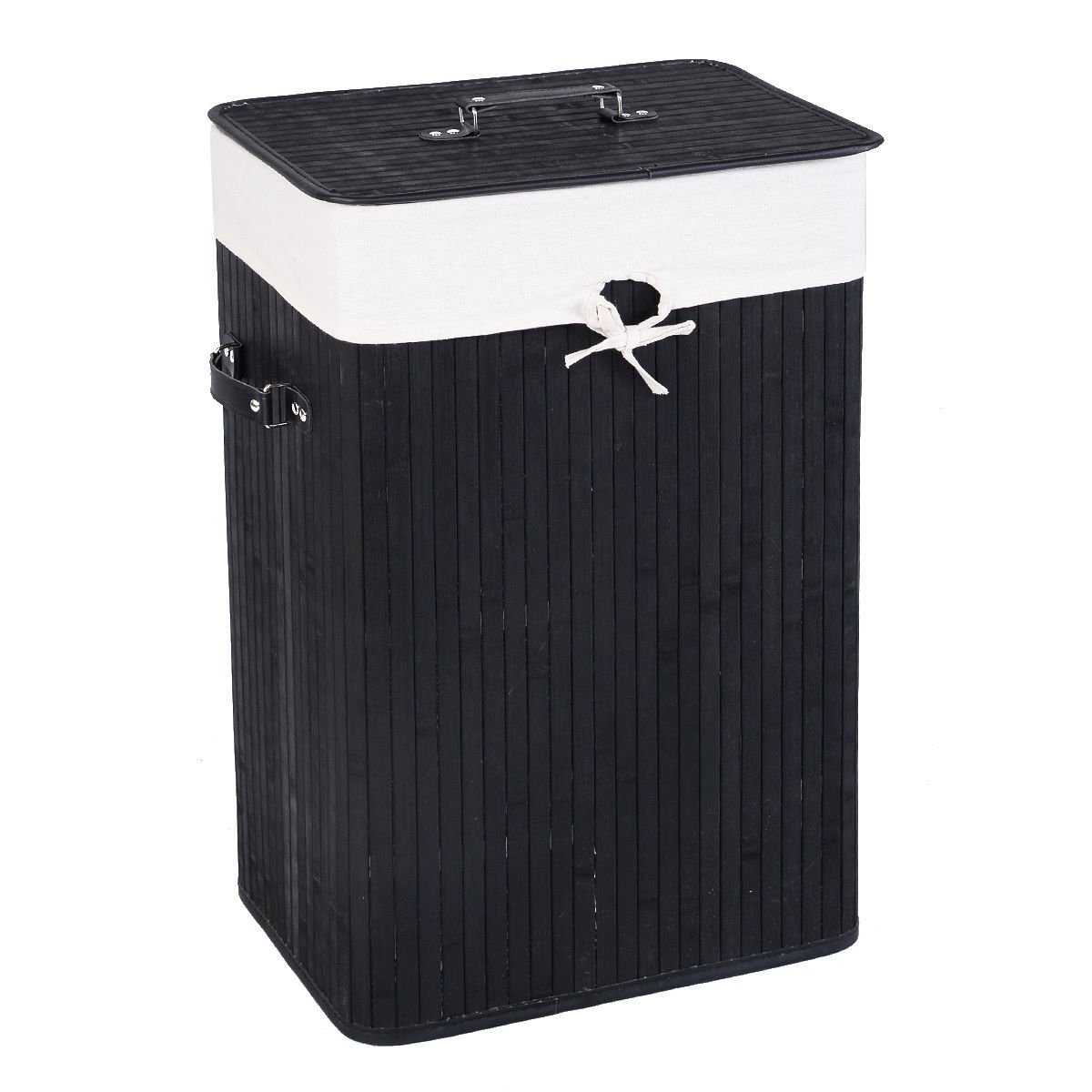 Rectangle Bamboo Hamper Laundry Basket Washing Cloth Bin Storage Bag with Lid-Black