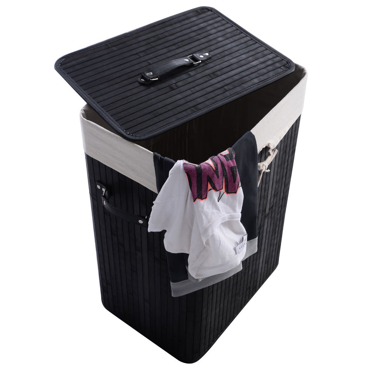 Rectangle Bamboo Hamper Laundry Basket Washing Cloth Bin Storage Bag with Lid-Black