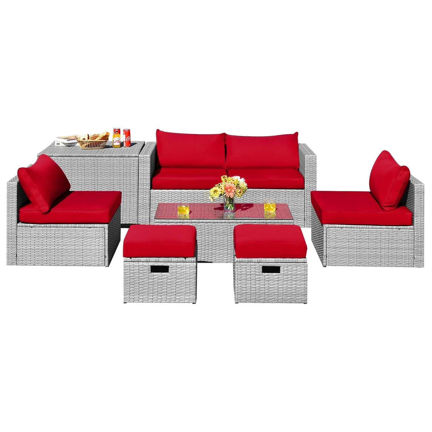 8 Pieces Patio Rattan Furniture Set with Storage Waterproof Cover and Cushion-Black