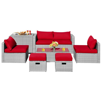 8 Pieces Patio Rattan Furniture Set with Storage Waterproof Cover and Cushion-Black