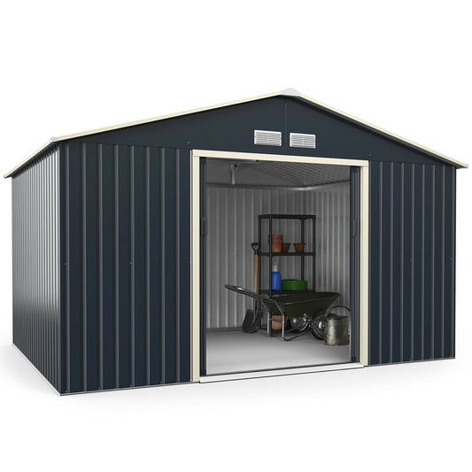11 x 8 Feet Metal Storage Shed for Garden and Tools with 2 Lockable Sliding Doors-Gray