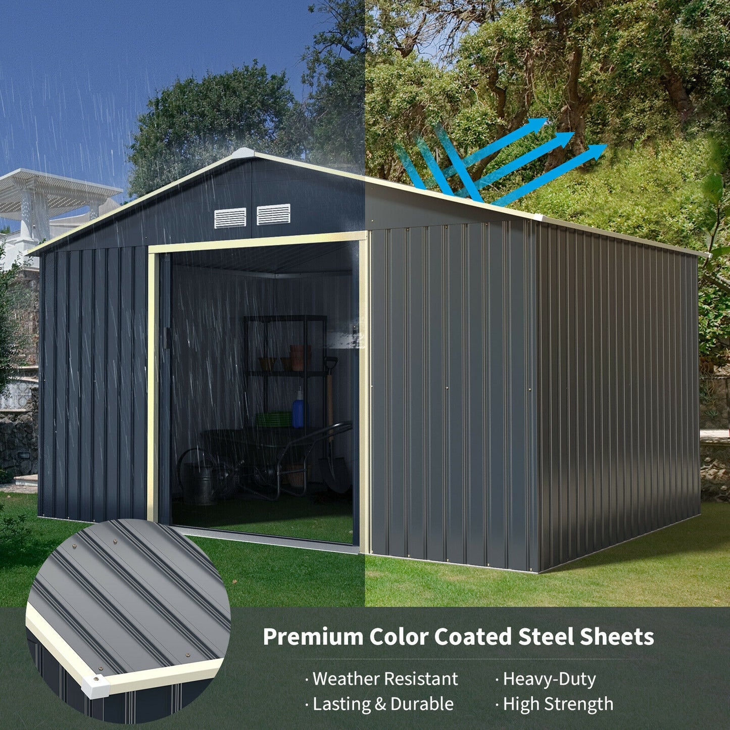 11 x 8 Feet Metal Storage Shed for Garden and Tools with 2 Lockable Sliding Doors-Gray