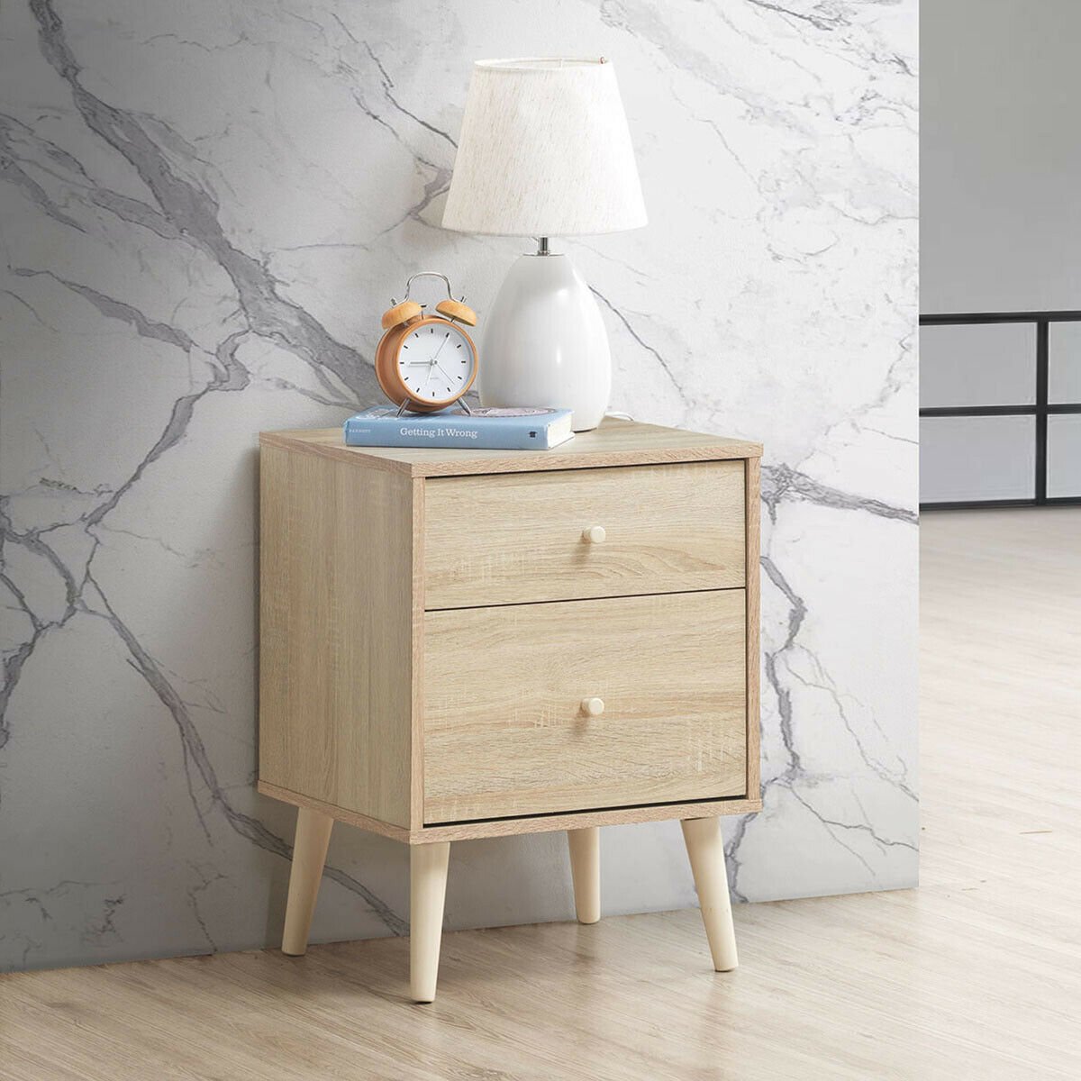 2-Drawer Nightstand Beside End Side Table with Rubber Legs-Brown