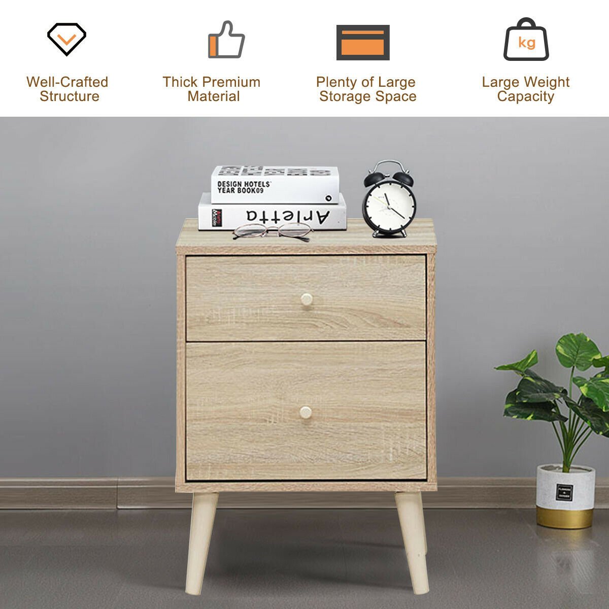2-Drawer Nightstand Beside End Side Table with Rubber Legs-Brown