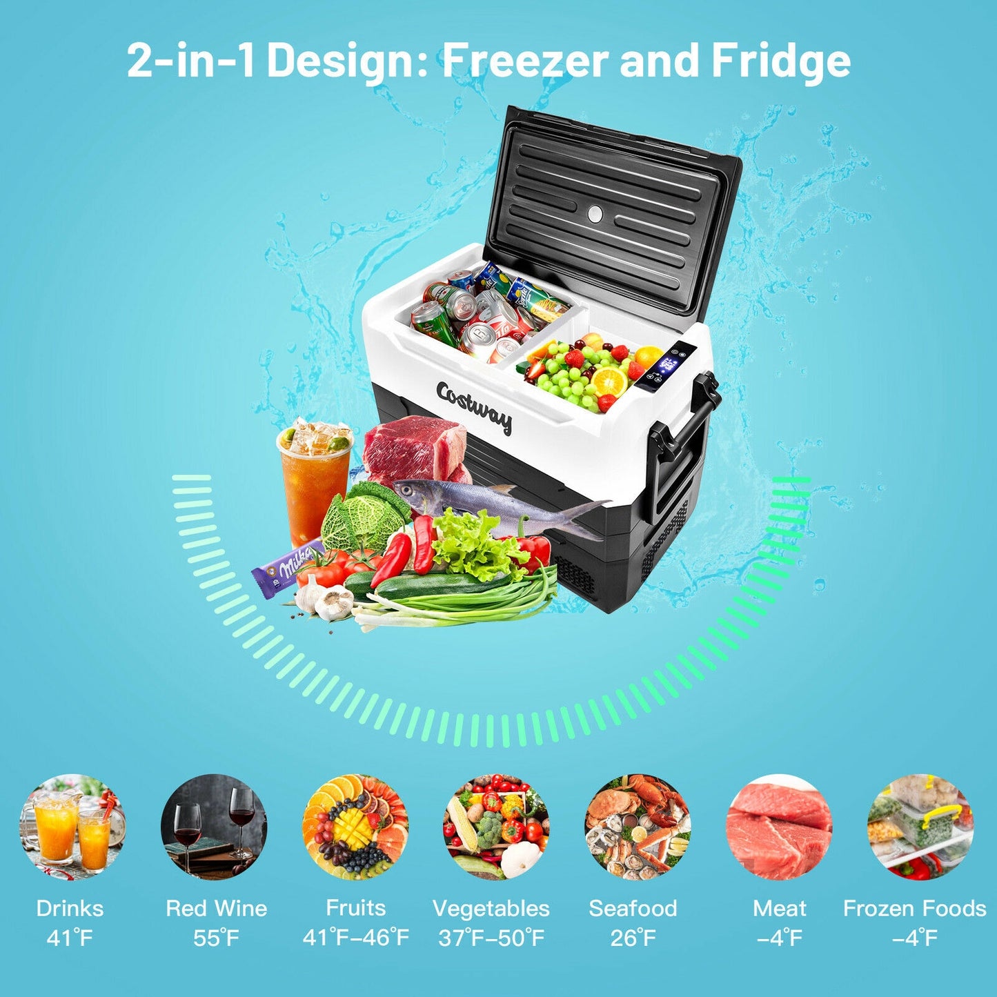 58 Quarts Car Refrigerator Portable RV Freezer Dual Zone with Wheel-Black