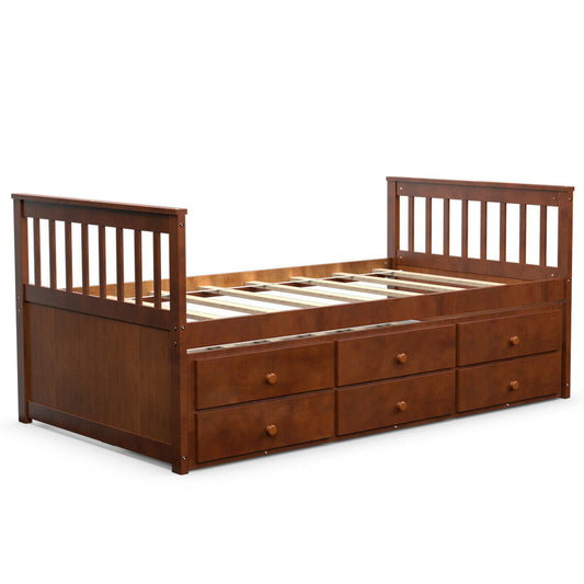 Twin Captain’s Bed with Trundle Bed with 3 Storage Drawers-Walnut
