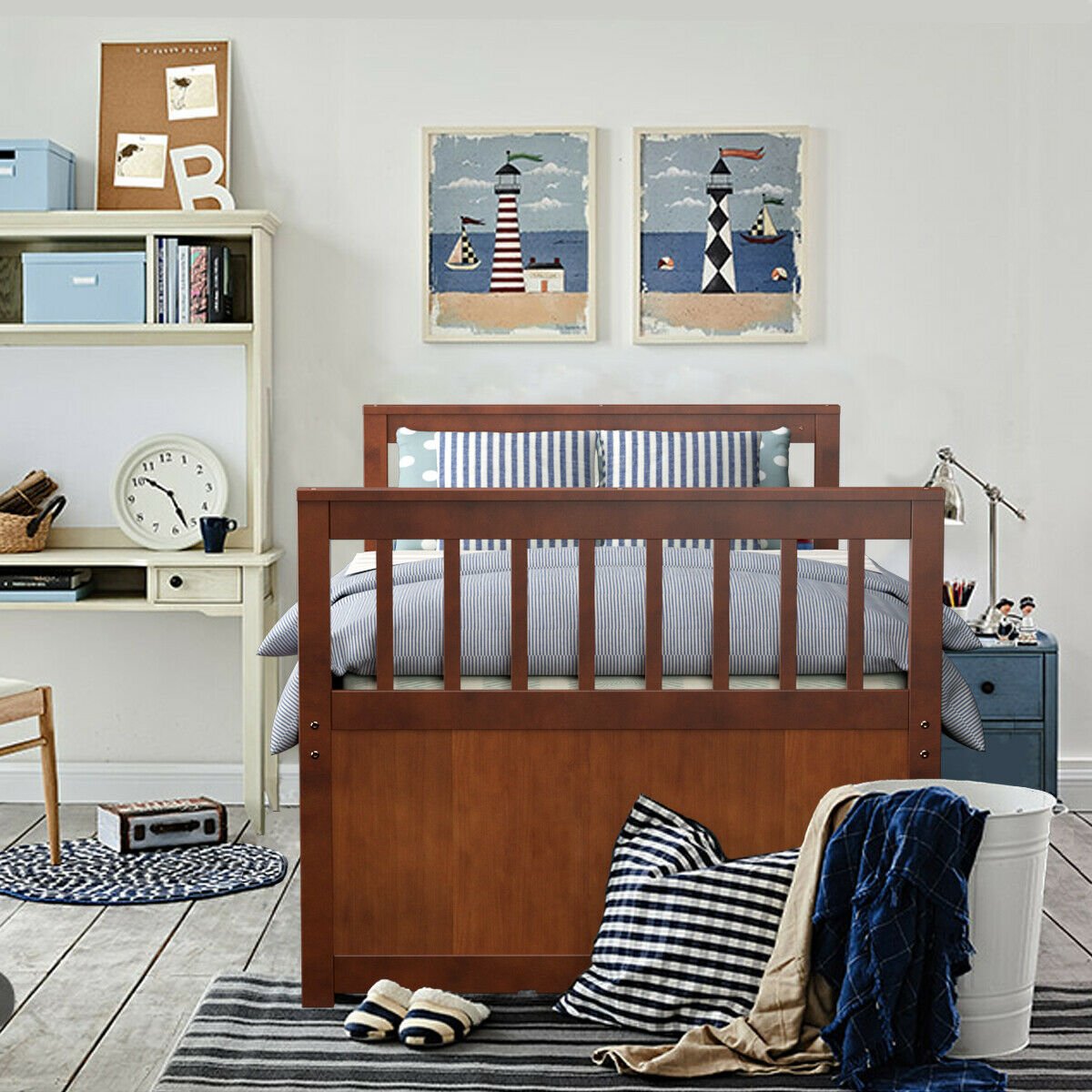 Twin Captain’s Bed with Trundle Bed with 3 Storage Drawers-Dark Brown