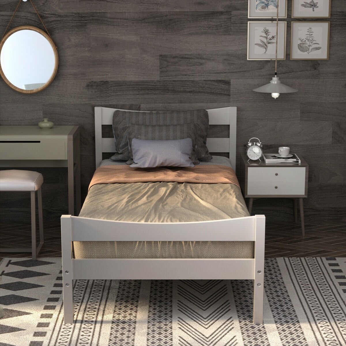 Twin Size Platform Bed Frame Foundation Slat Support -Dark Brown