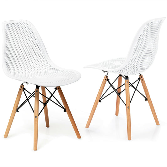 2 Pieces Modern Plastic Hollow Chair Set with Wood Leg-White